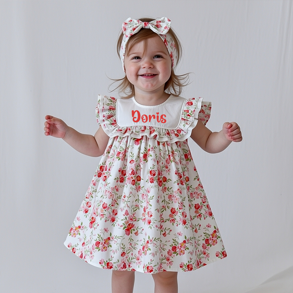 Personalized Girl's Floral Cotton Dress With Headband| Dress113