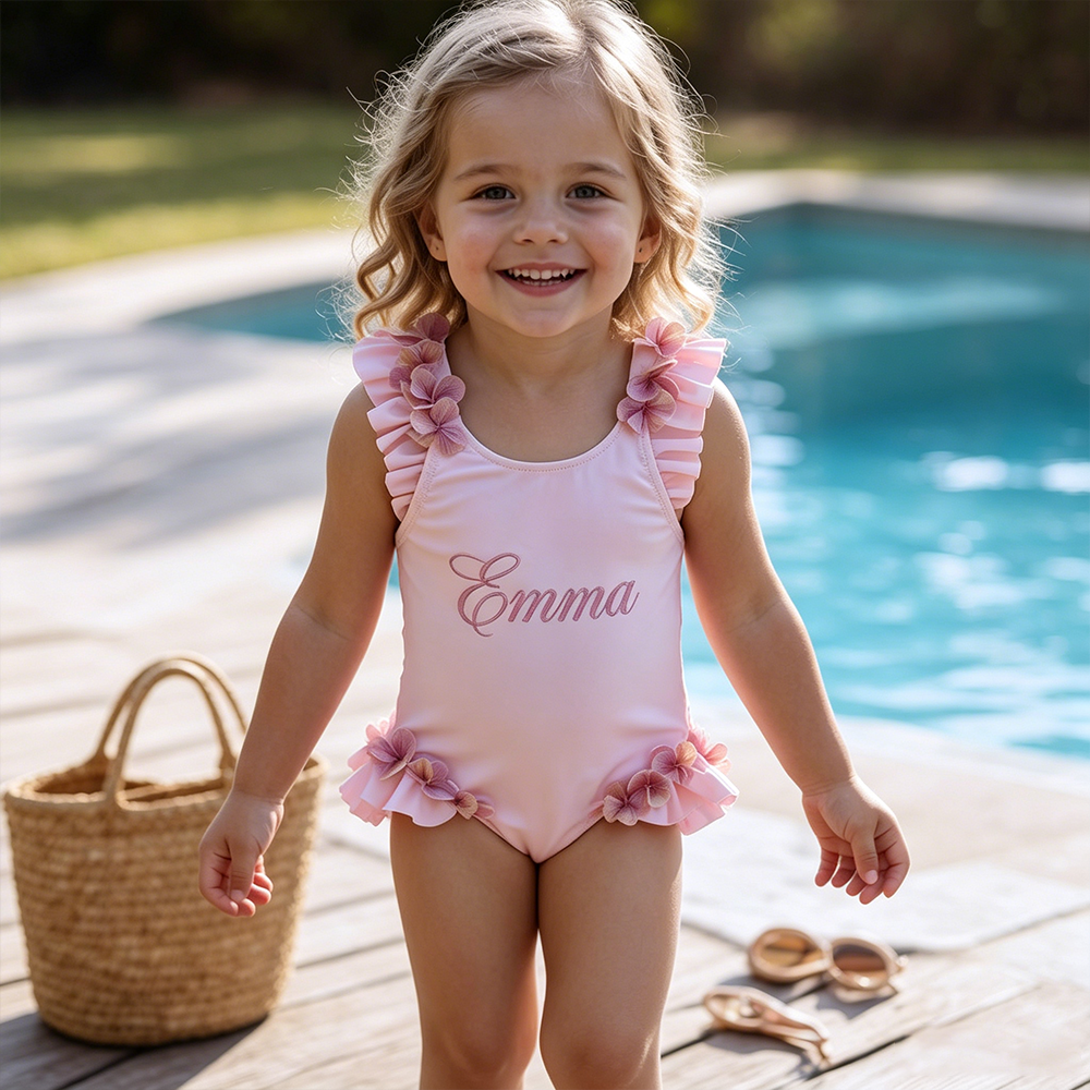 Personalized Girl Embroidered Pink Floral Ruffle One-Piece| Swimsuit08