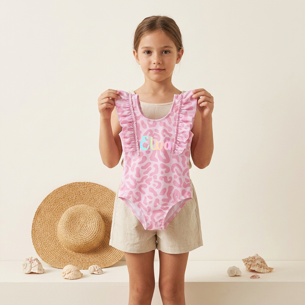 Personalized Girl Pink Leopard Ruffle One-Piece| Swimsuit09