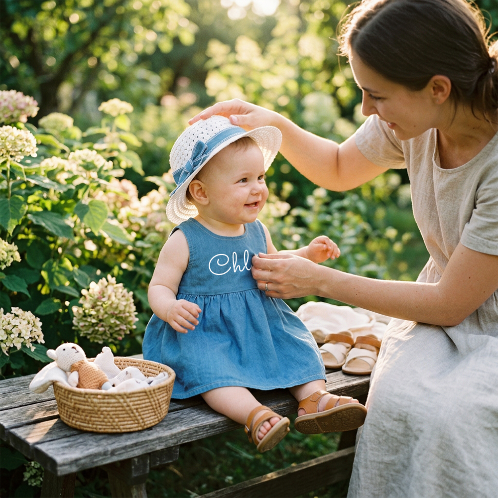 Personalized Girl Denim Dress with Straw Hat| Dress119