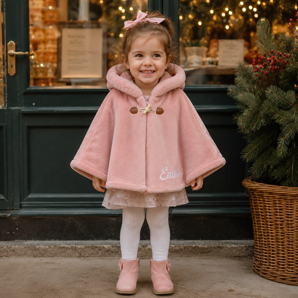 Personalized Girls Faux Fur Trim Winter Poncho Hooded Cape Coat| Cloth287