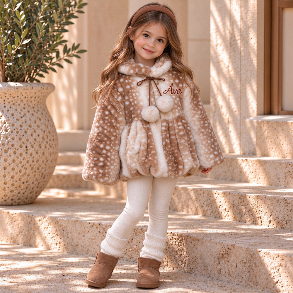 Personalized Embroidered Girls Fluffy Spotted Faux Fur Jacket | Cloth299