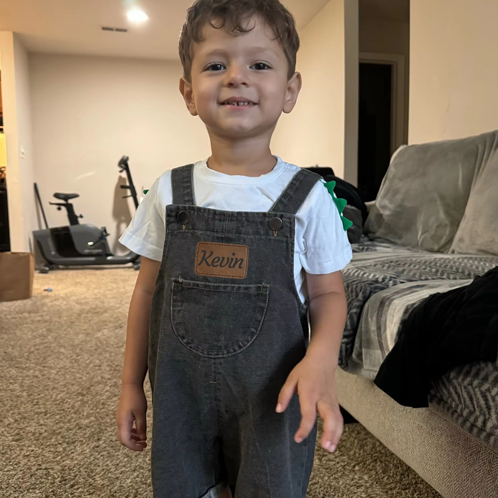 Personalized Kids Leather Patch Denim Overalls| Pants03