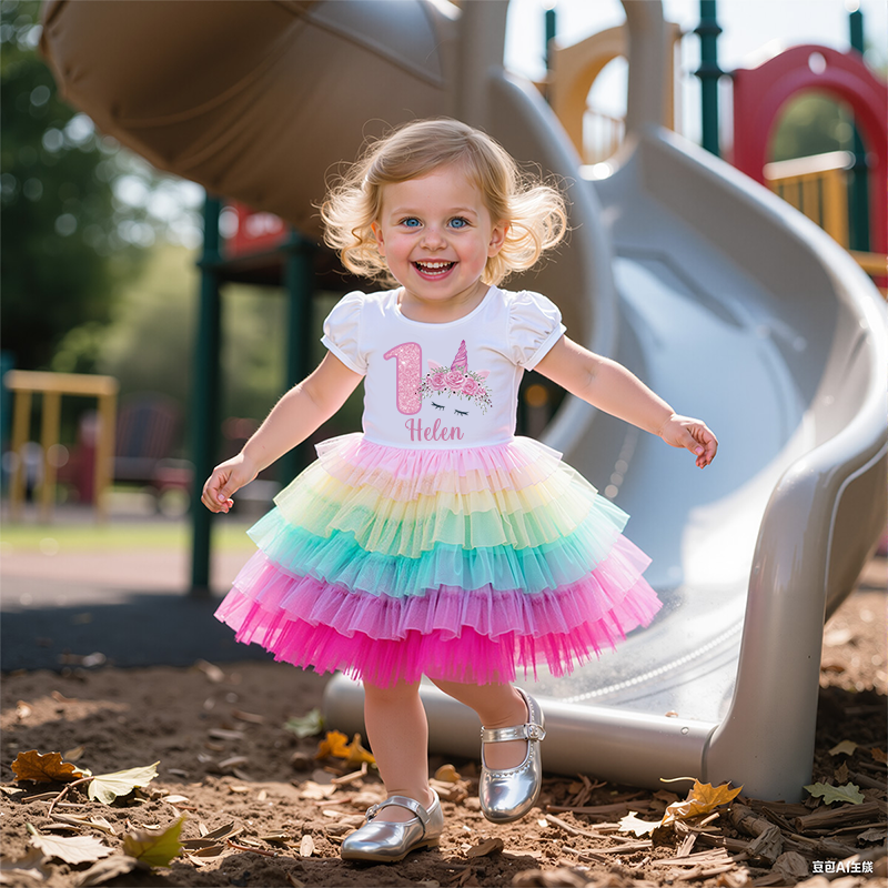 Personalized Gir Birthday Rainbow Mesh Cake Dress| Dress2503