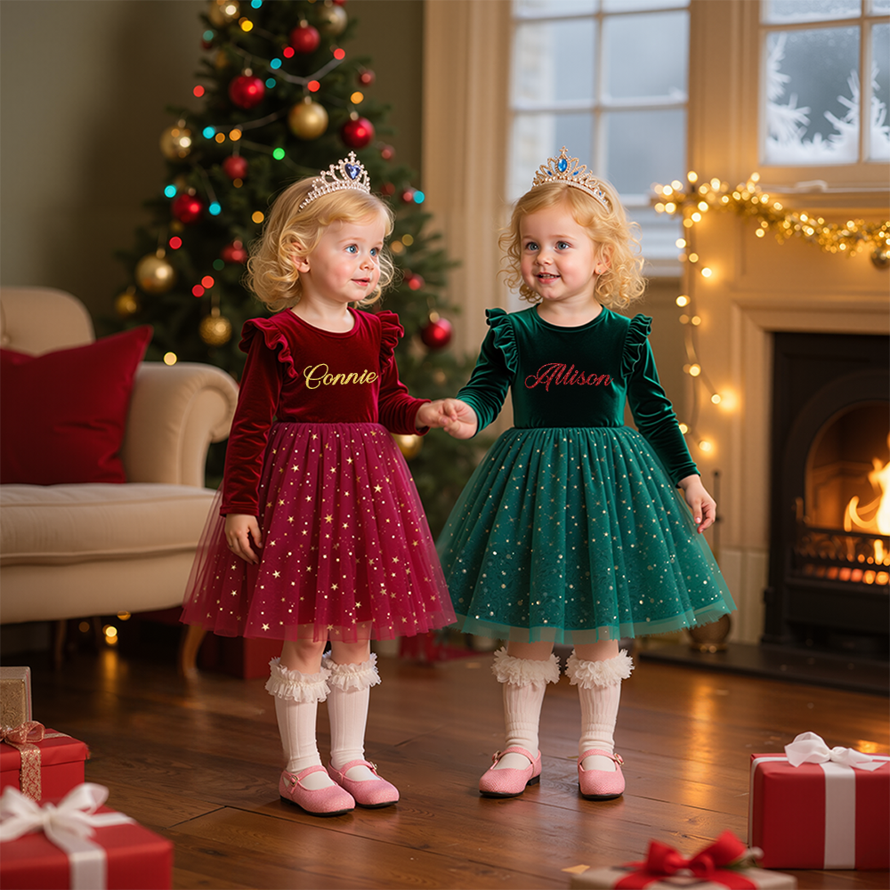 Personalized Girl Christmas Star Sequin Tulle Dress|YESMC05