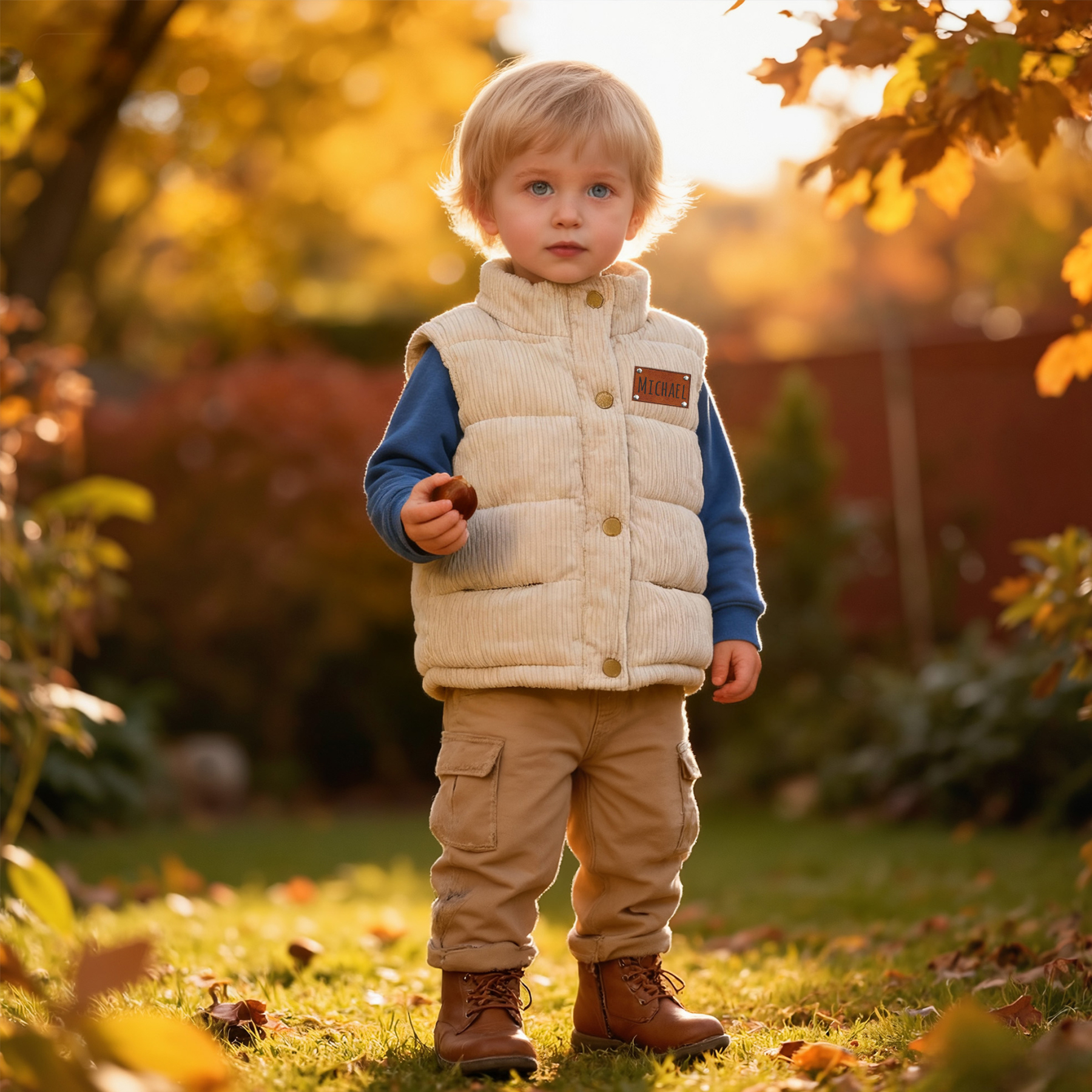Personalized Kid Leather Patch Corduroy Vest| Cloth253