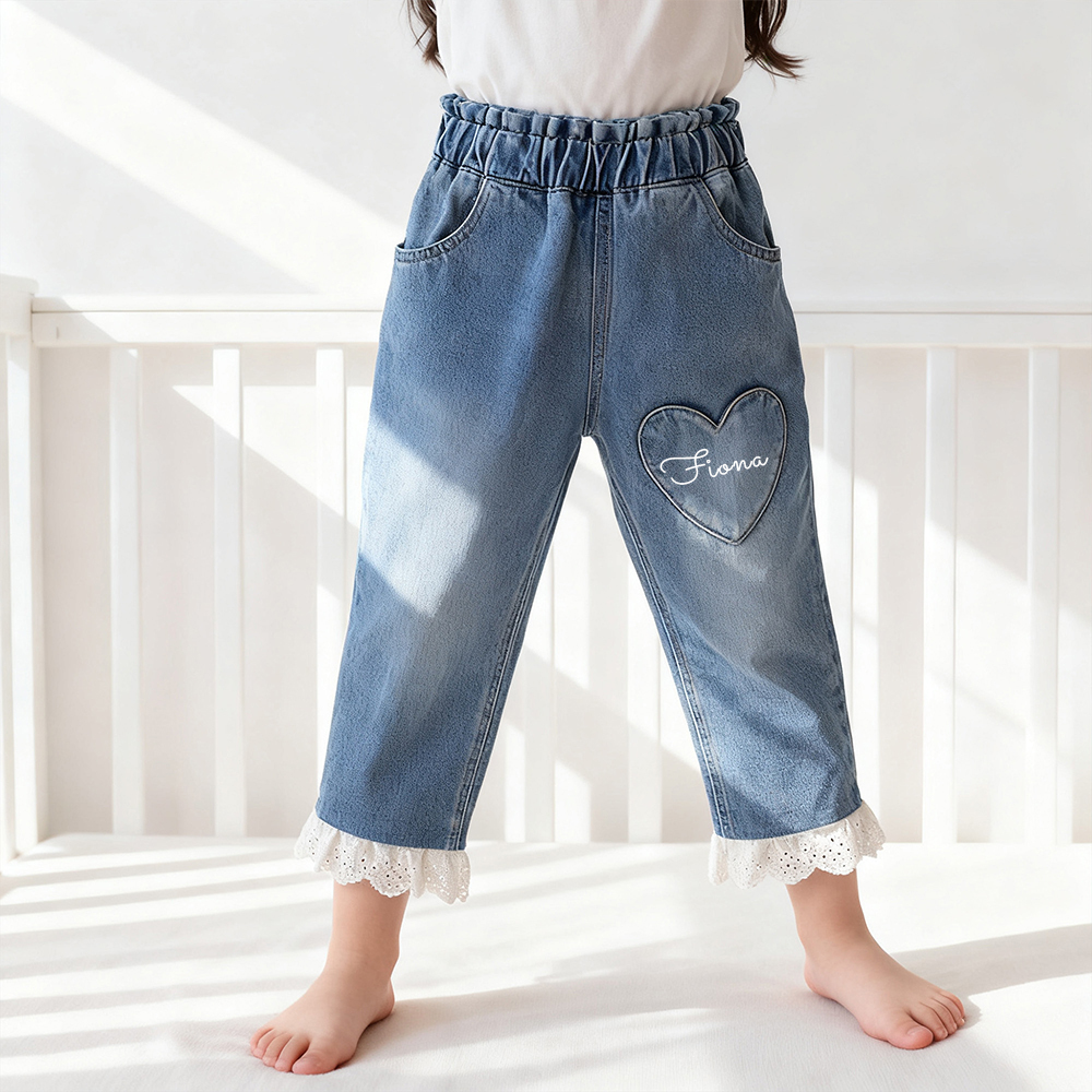 Personalized Girl Denim Jeans with Lace and Heart| Pants24