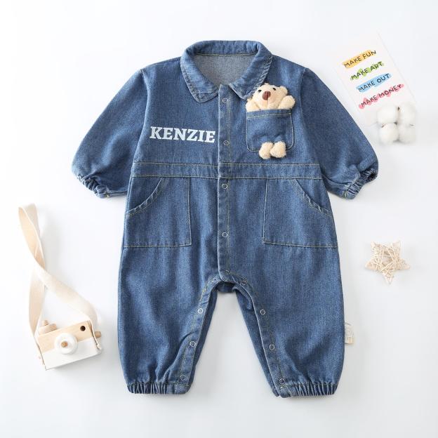 Personalized Baby Bear Denim Onesie With Bag Set| BBCloth89