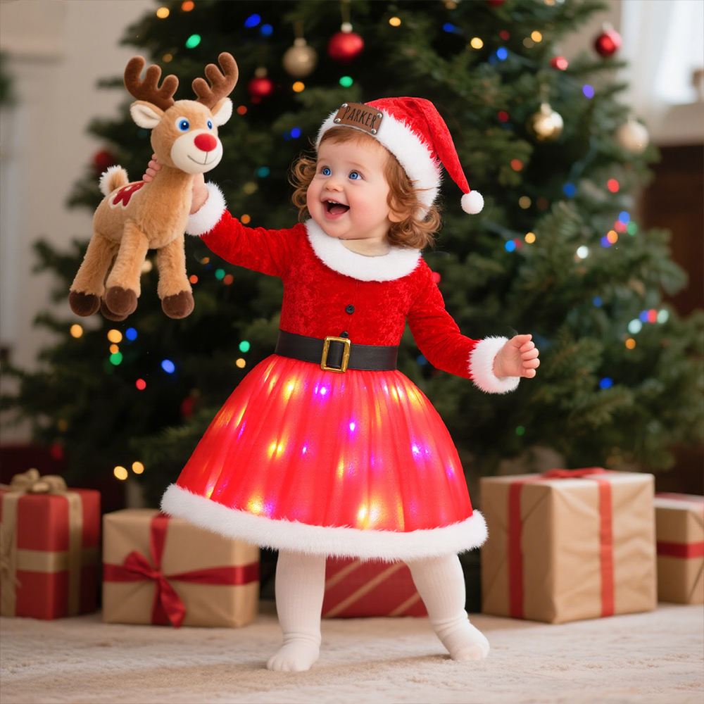 Personalized Leather Patch Christmas Led Dress with Hat| YESMC16