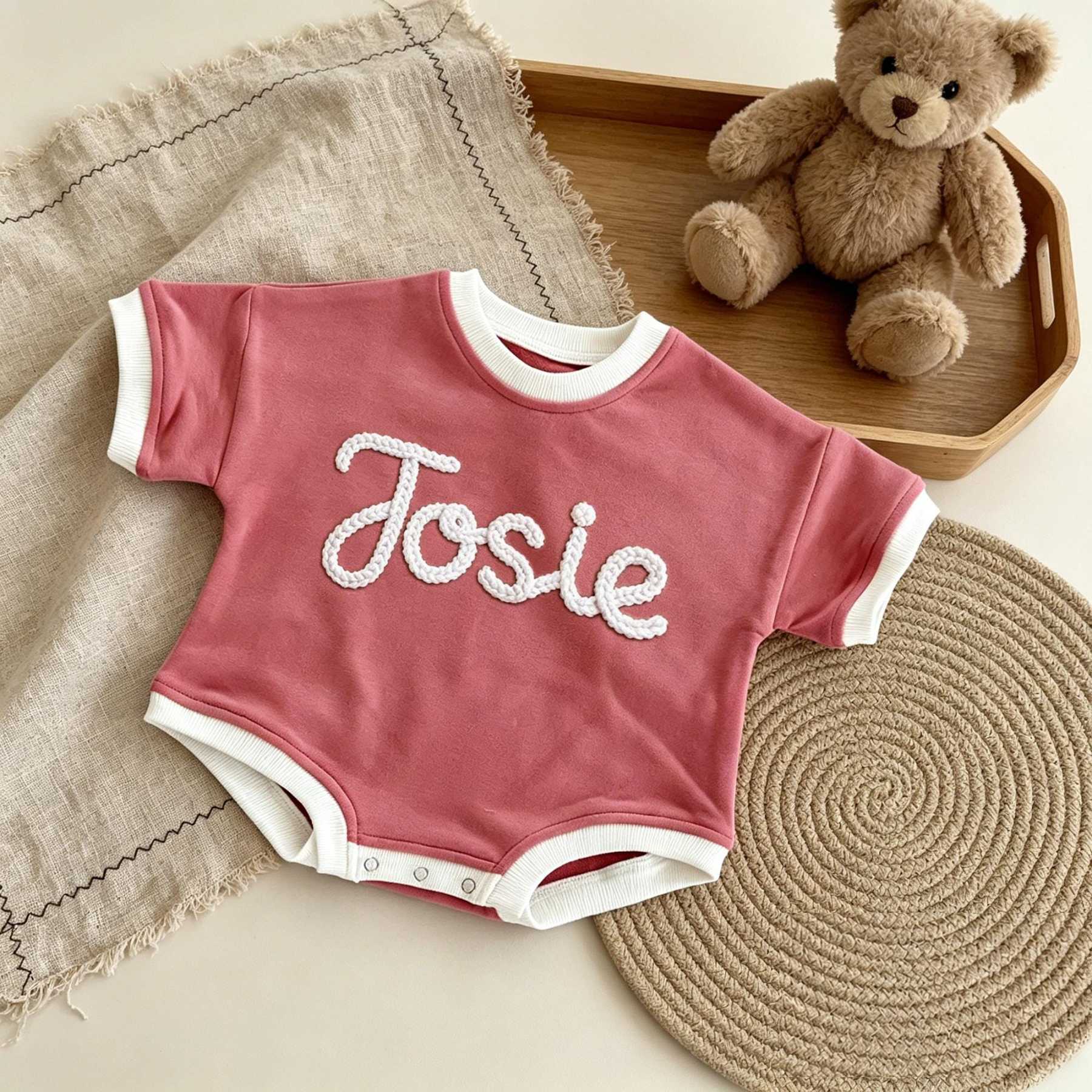 Personalized Hand Embroidered Short Sleeve Baby Bubble Romper | BBcloth142