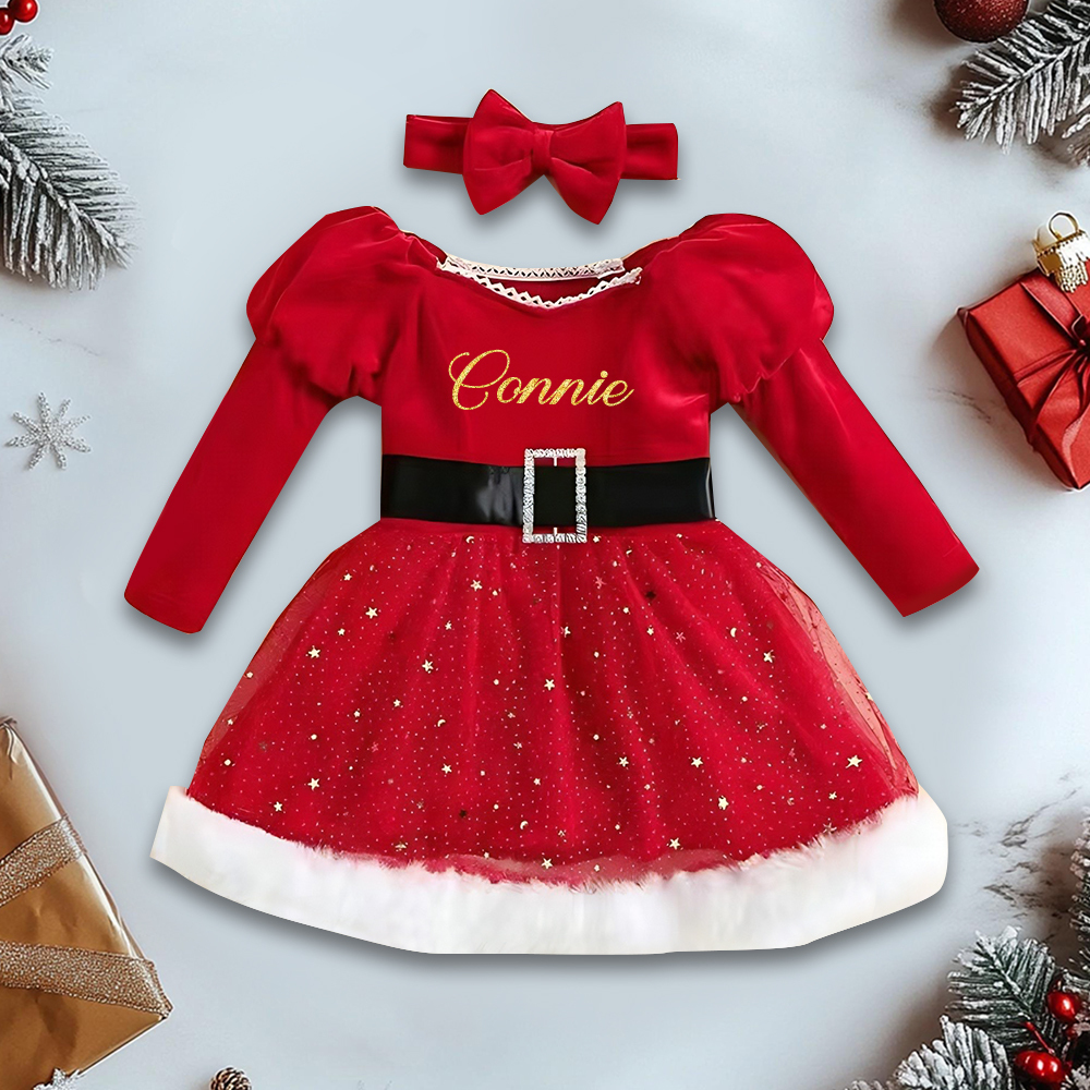 Personalized Christmas Girl Bow With Puff Sleeve Star Mesh Dress|YESMC08