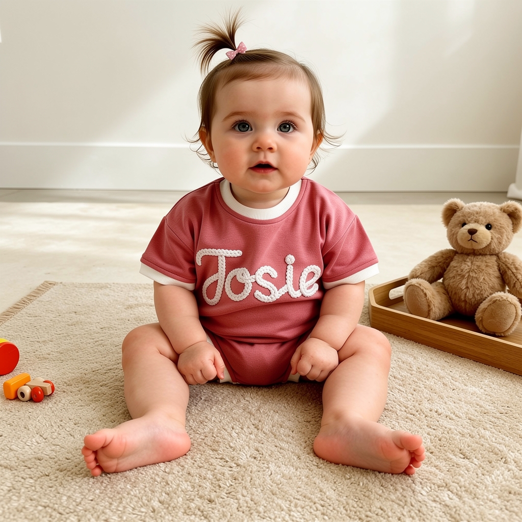 Personalized Hand Embroidered Short Sleeve Baby Bubble Romper| BBcloth142