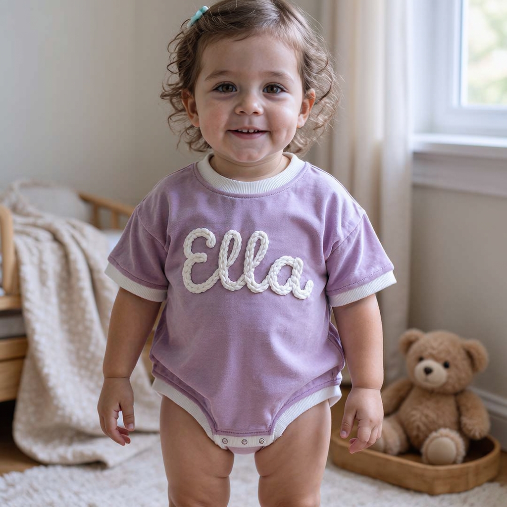 Personalized Hand Embroidered Short Sleeve Baby Bubble Romper| BBcloth142