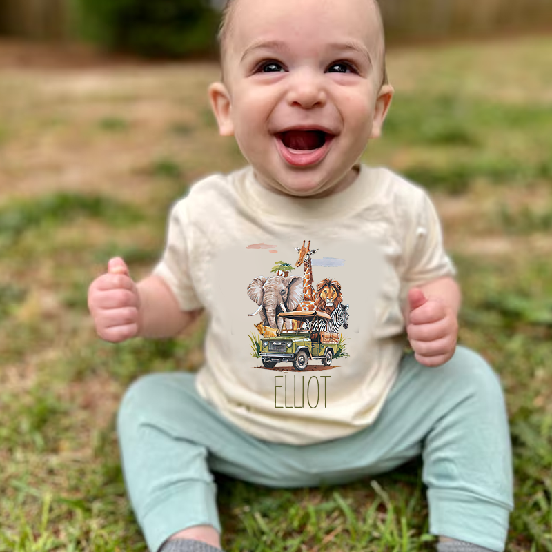 Personalized Kids African Safari Animals & Vehicle T-Shirt| Cloth1417
