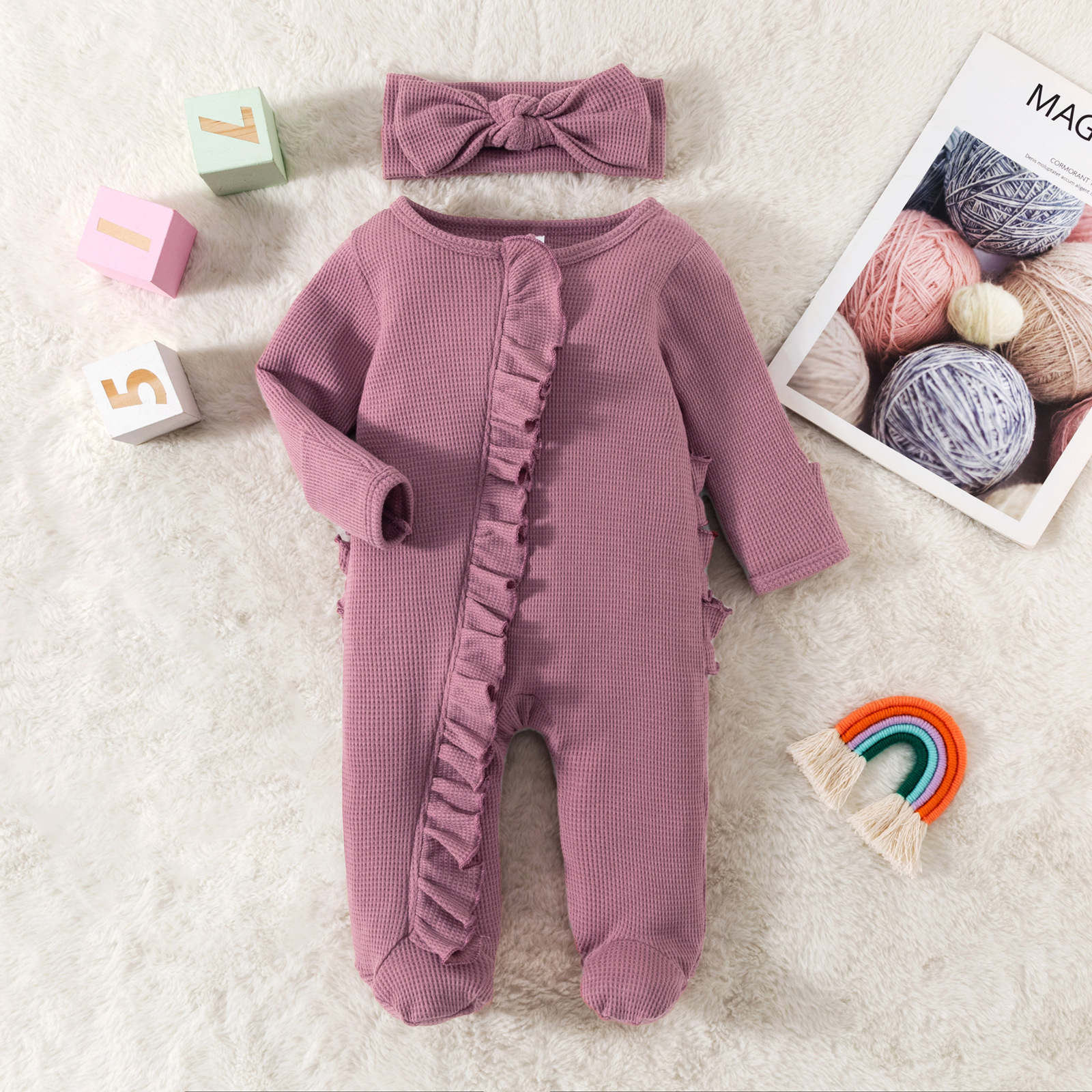 Personalized Baby Girl Embroidered Waffle Knit Ruffled Footie Outfit | BBCloth59