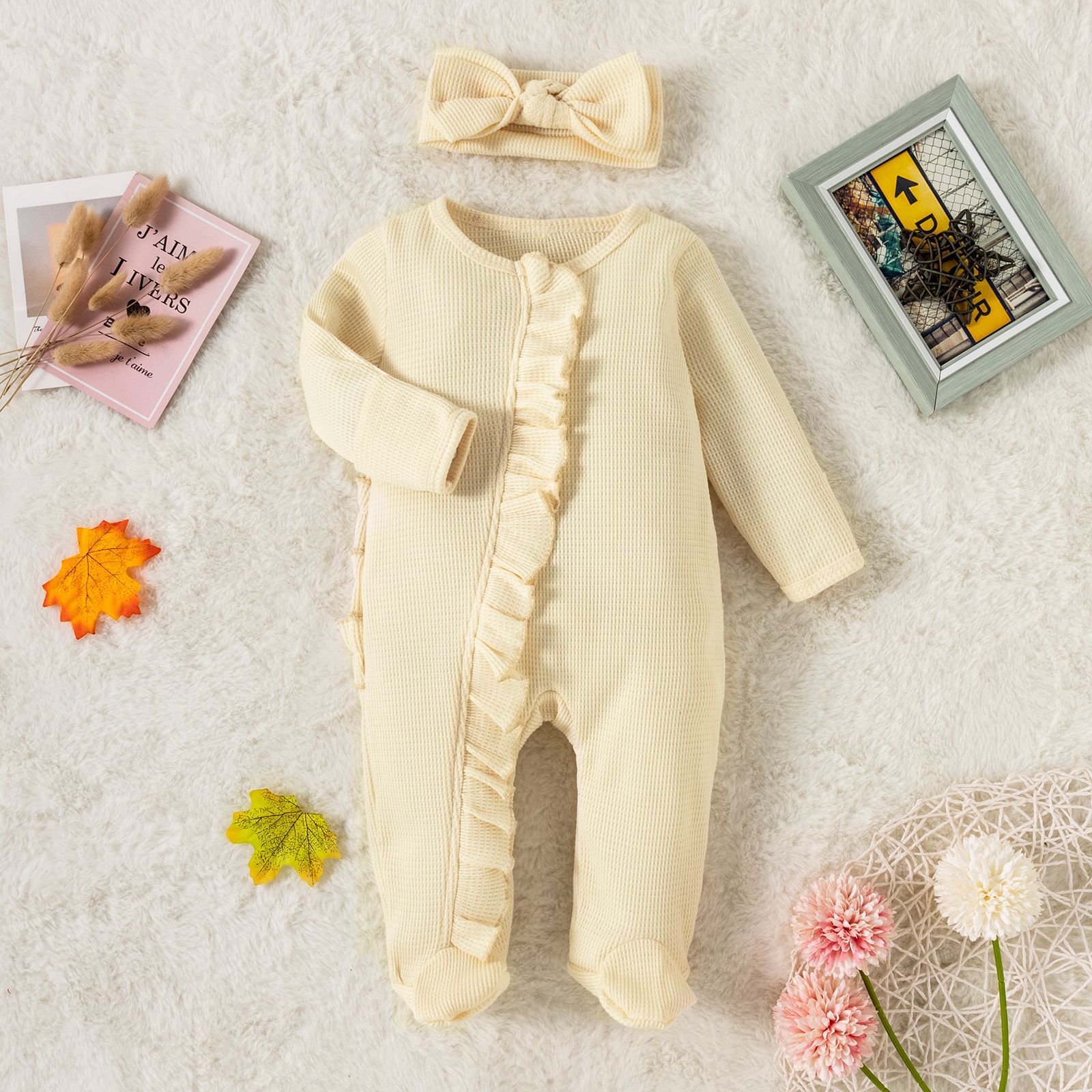 Personalized Baby Girl Embroidered Waffle Knit Ruffled Footie Outfit | BBCloth59