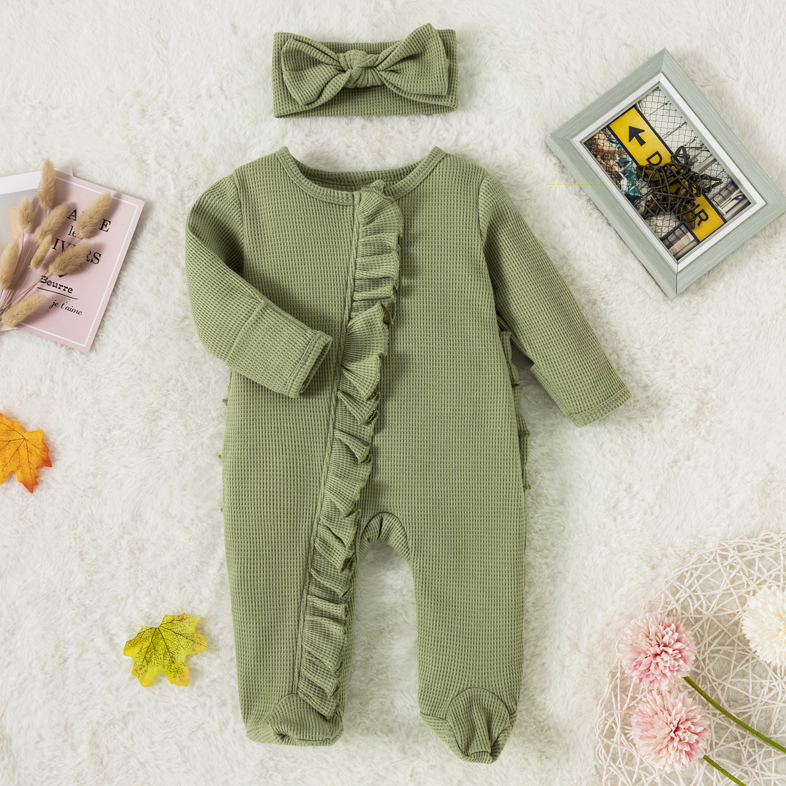 Personalized Baby Girl Embroidered Waffle Knit Ruffled Footie Outfit | BBCloth59