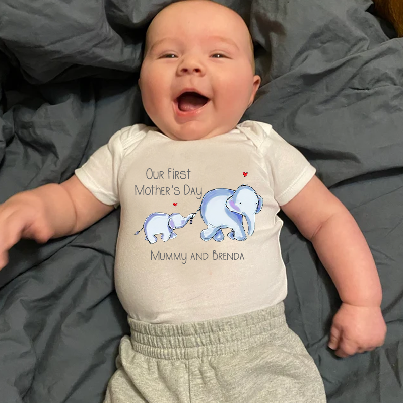 Personalized Baby First Mother's Day Elephants Cozy Onesie| BBCloth15