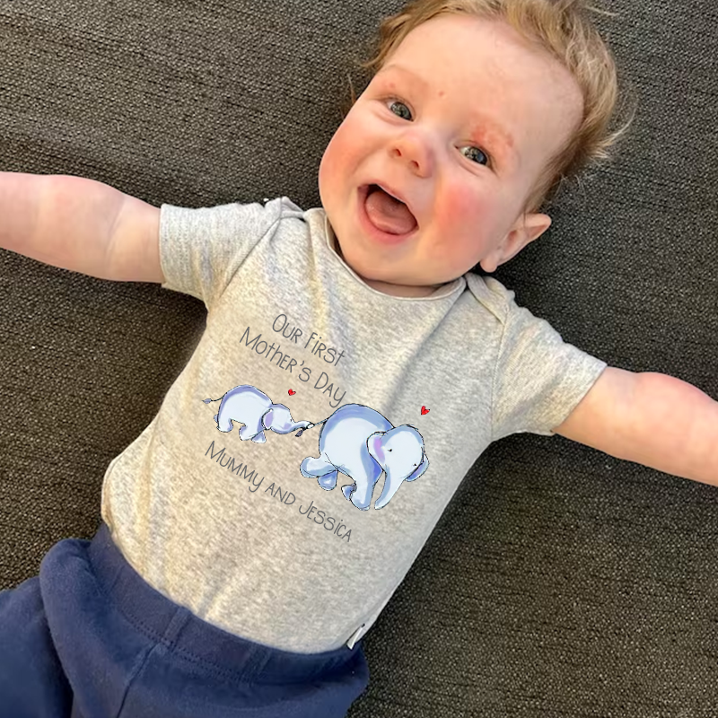 Personalized Baby First Mother's Day Elephants Cozy Onesie| BBCloth15