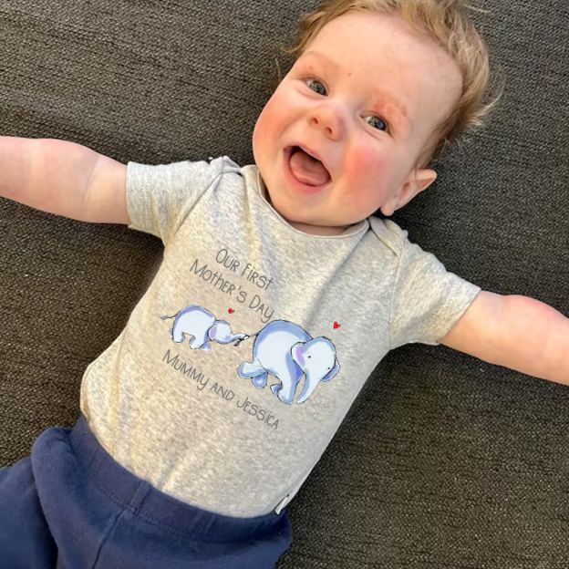 Personalized Baby First Mother's Day Elephants Cozy Onesie| BBCloth15