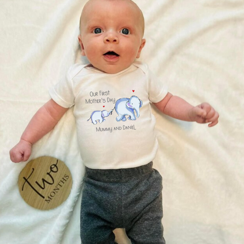 Personalized Baby First Mother's Day Elephants Cozy Onesie| BBCloth15