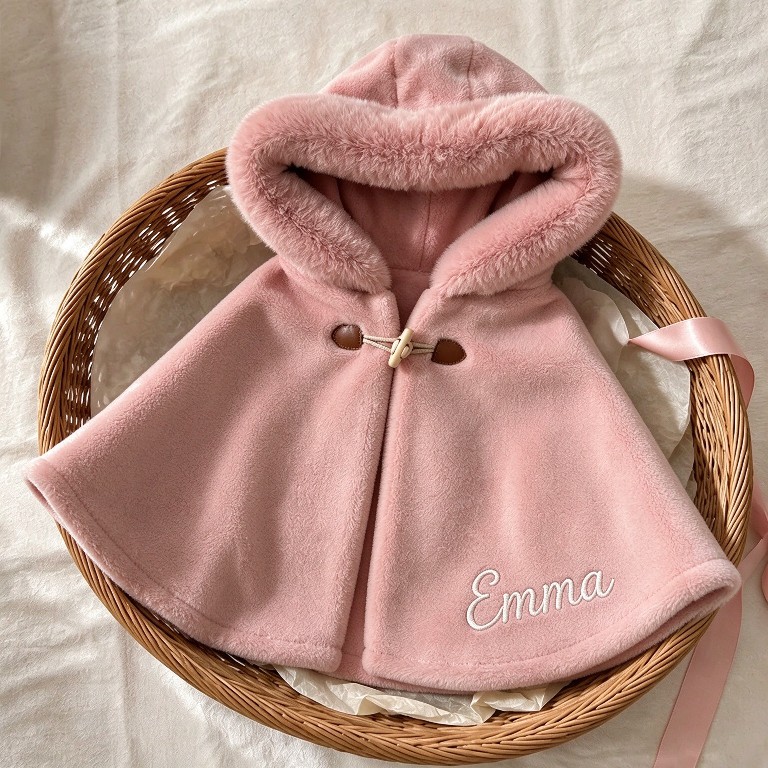 Personalized Girls Faux Fur Trim Winter Poncho Hooded Cape Coat| Cloth287
