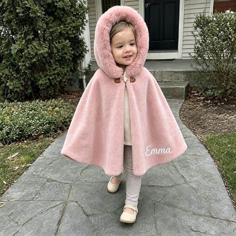 Personalized Girls Faux Fur Trim Winter Poncho Hooded Cape Coat| Cloth287