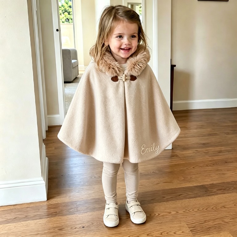 Personalized Girls Faux Fur Trim Winter Poncho Hooded Cape Coat| Cloth287