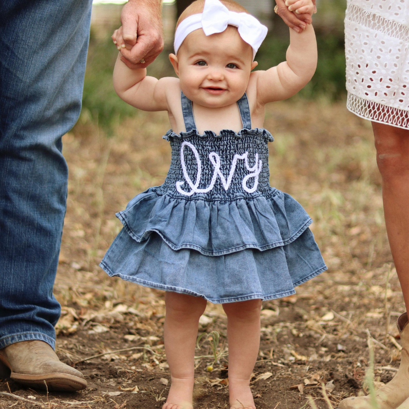 Personalized Baby Hand Embroidered Denim Ruffle Dress| BBCloth42