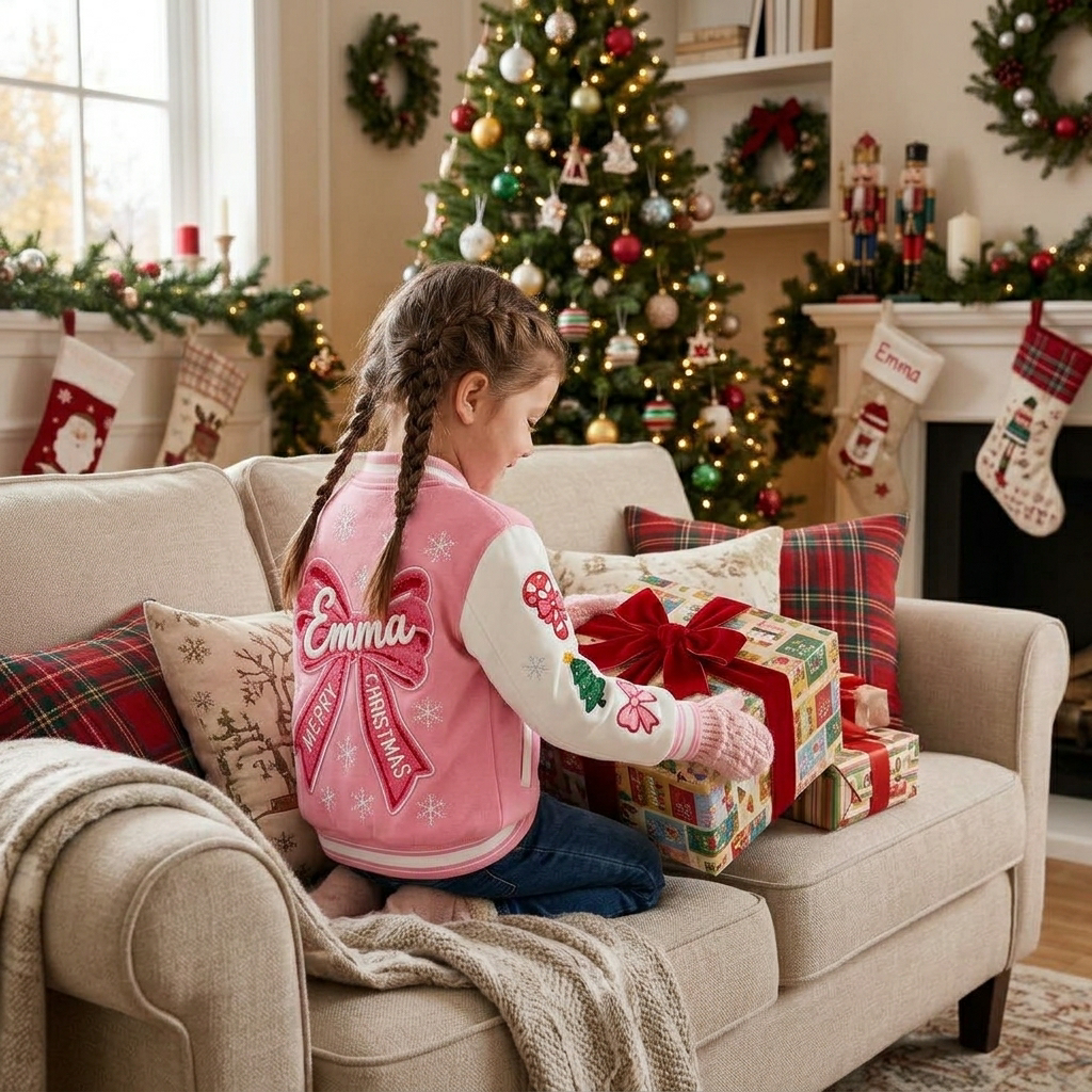 Personalized Pink Christmas Sweet Print Varsity Jacket for Girls | YESMC40