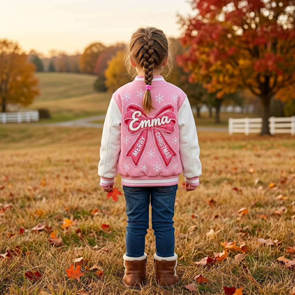 Personalized Pink Christmas Sweet Print Varsity Jacket for Girls | YESMC40