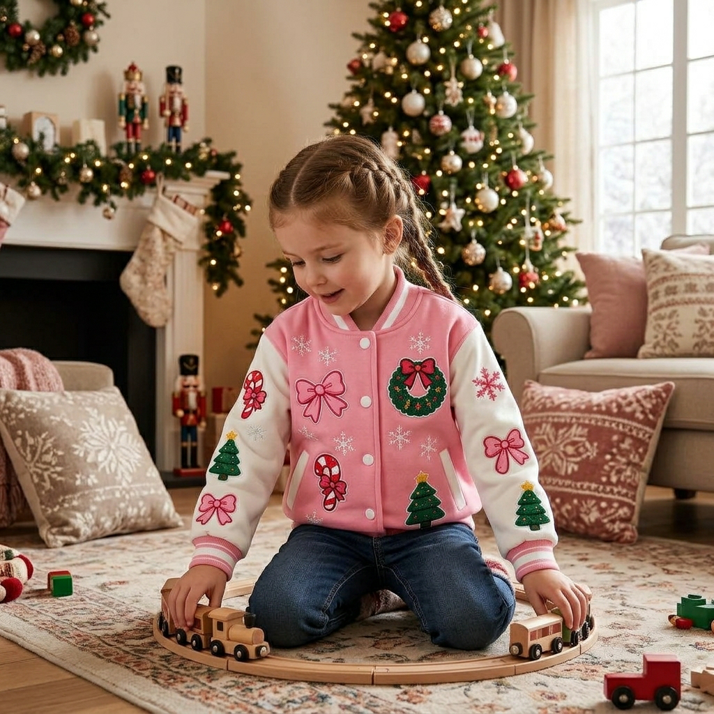 Personalized Pink Christmas Sweet Print Varsity Jacket for Girls | YESMC40