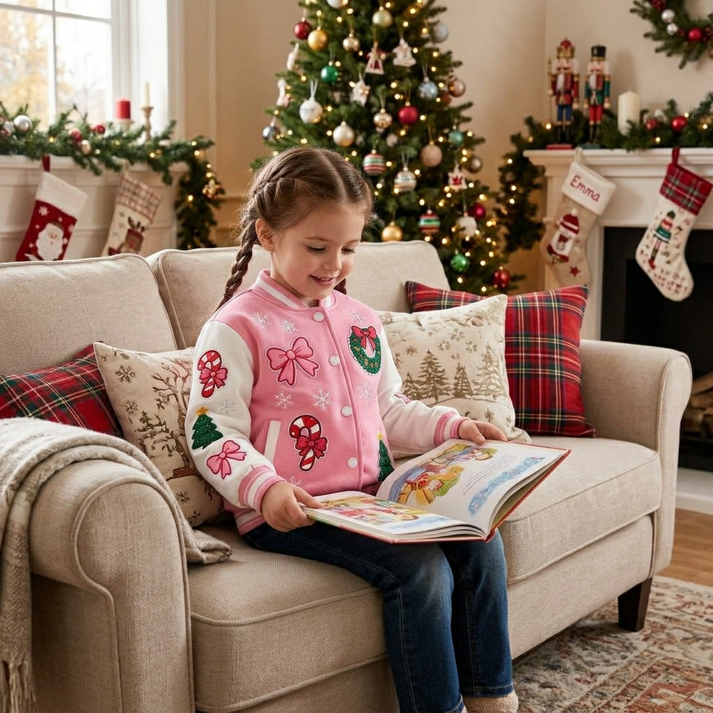 Personalized Pink Christmas Sweet Print Varsity Jacket for Girls | YESMC40