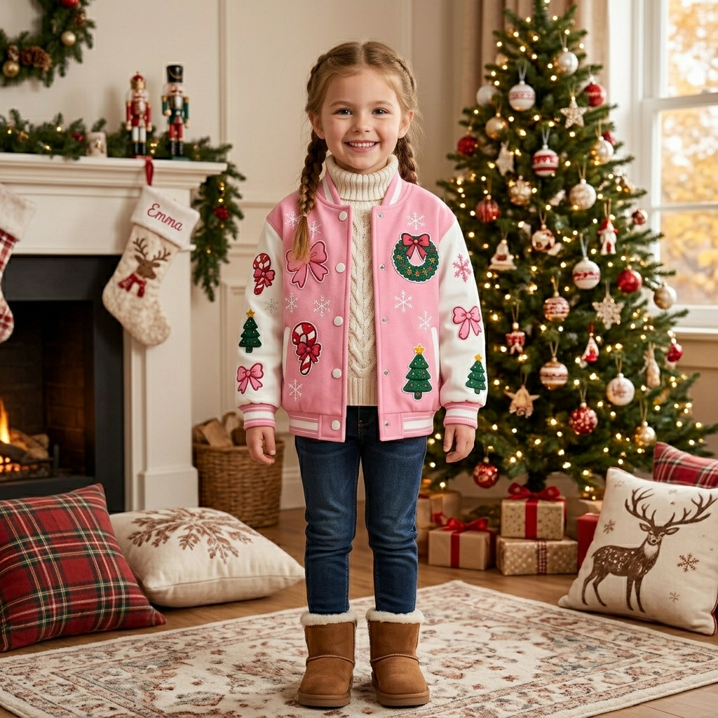 Personalized Pink Christmas Sweet Print Varsity Jacket for Girls | YESMC40