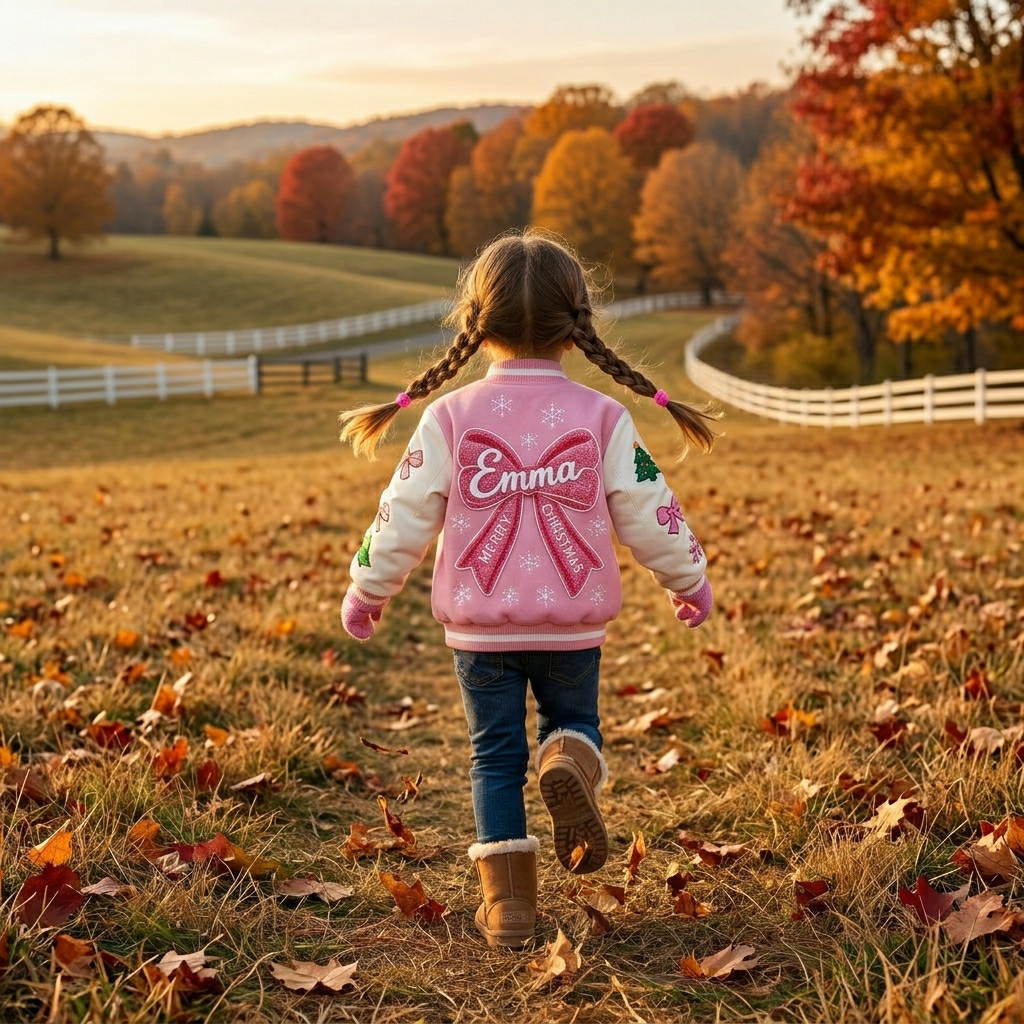 Personalized Pink Christmas Sweet Print Varsity Jacket for Girls | YESMC40