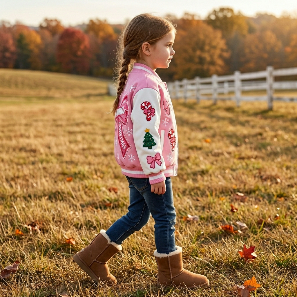 Personalized Pink Christmas Sweet Print Varsity Jacket for Girls | YESMC40