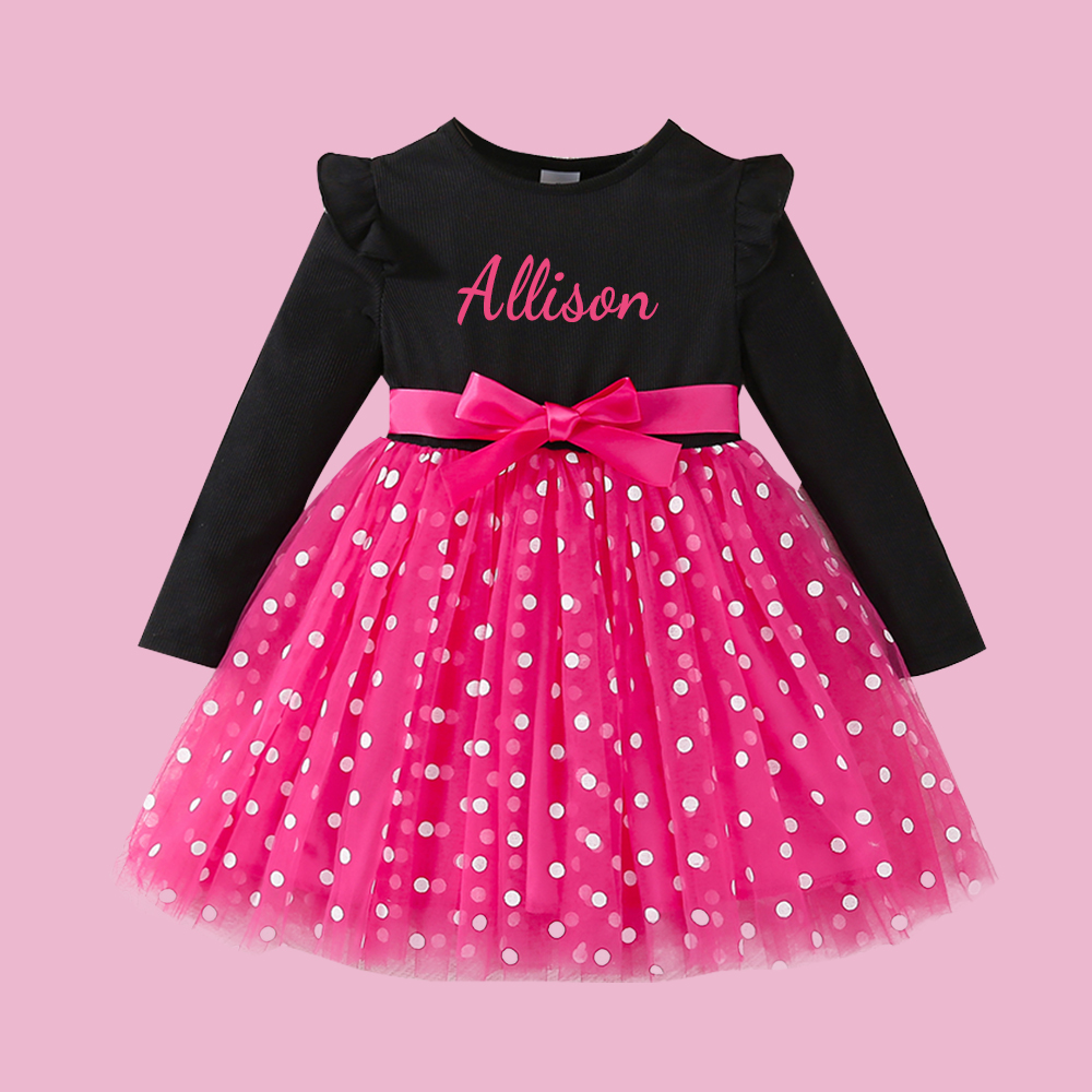 Personalized Girl Polka Dot Tulle with Bow Dress| Dress32