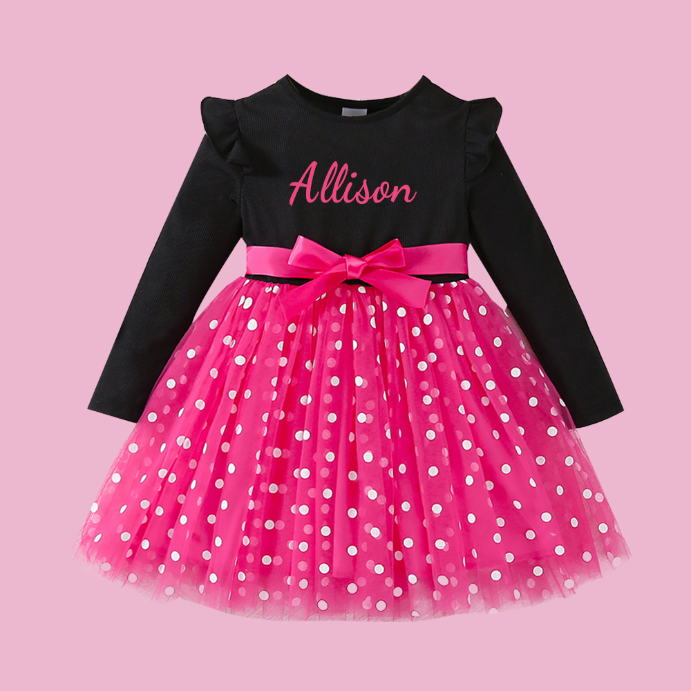 Personalized Girl Polka Dot Tulle with Bow Dress| Dress32