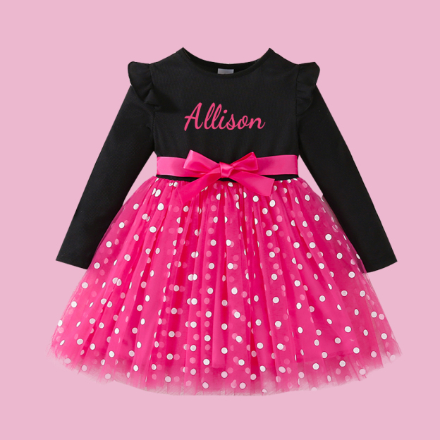 Personalized Girl Polka Dot Tulle with Bow Dress| Dress32