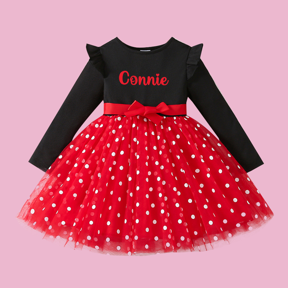 Personalized Girl Polka Dot Tulle with Bow Dress| Dress32