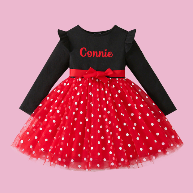 Personalized Girl Polka Dot Tulle with Bow Dress| Dress32
