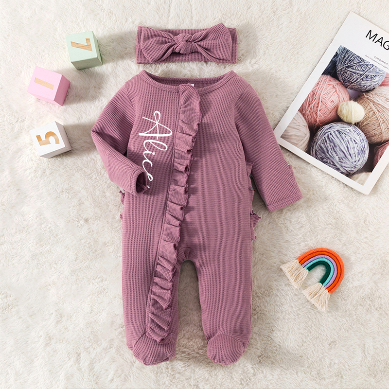 Personalized Baby Girl Zipper Knit Ruffled Footie Outfit| BBCloth61