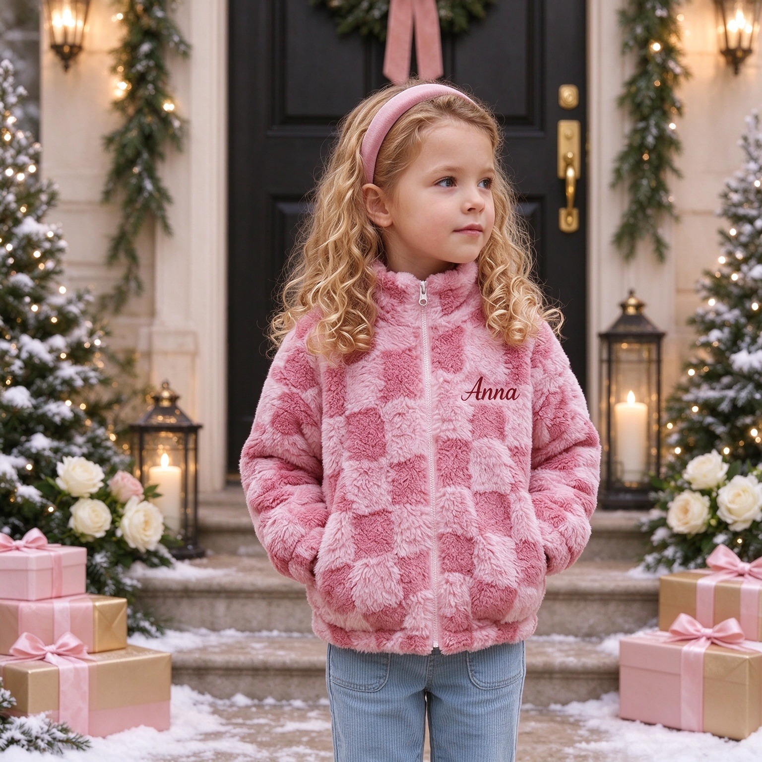 Personalized Embroidered Kids Sherpa Fleece Warm Check Winter Coat | Cloth295