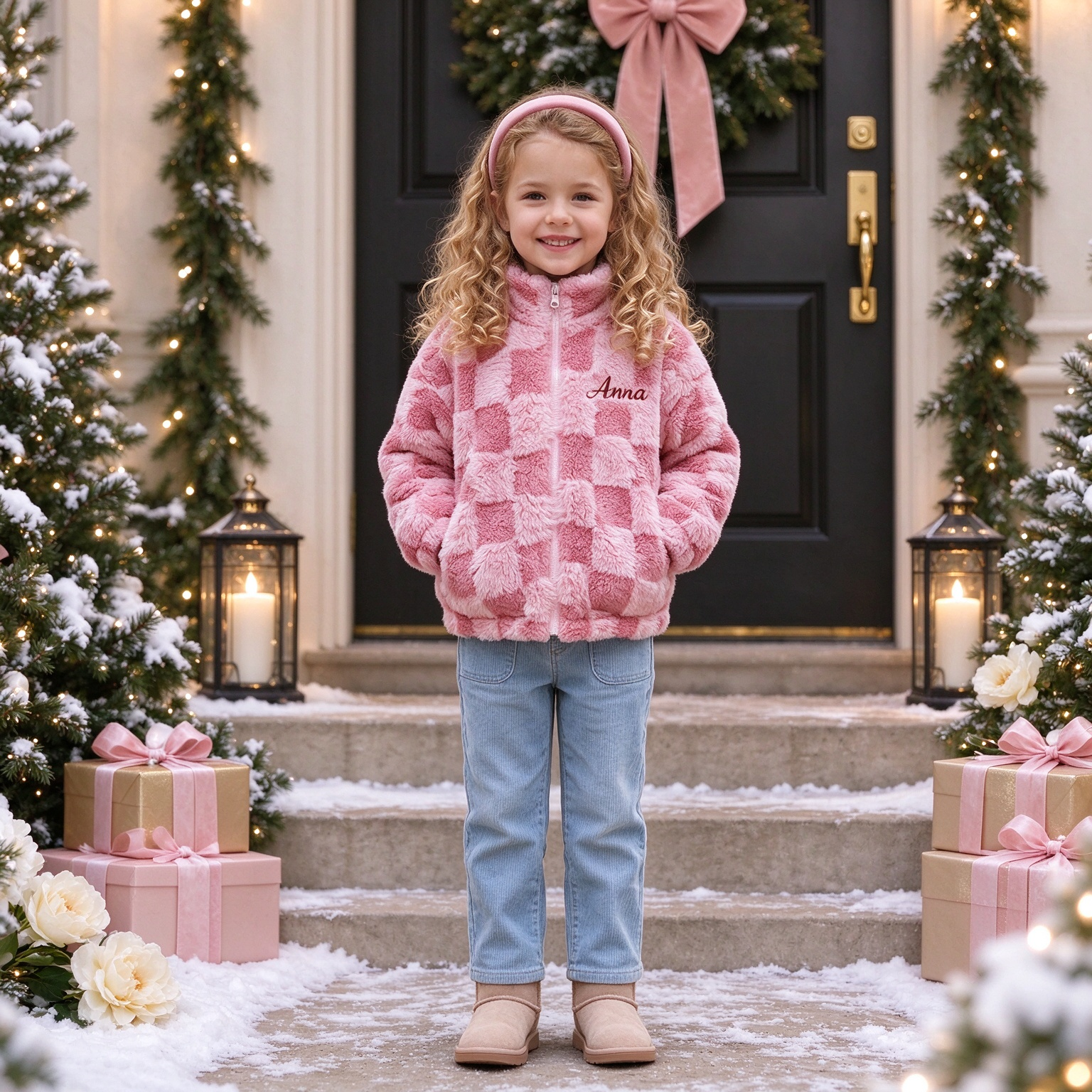 Personalized Embroidered Kids Sherpa Fleece Warm Check Winter Coat | Cloth295