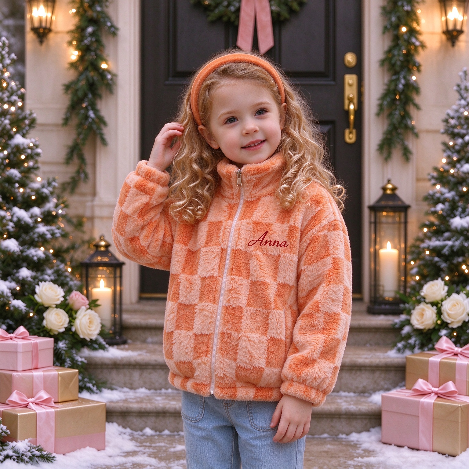 Personalized Embroidered Kids Sherpa Fleece Warm Check Winter Coat | Cloth295
