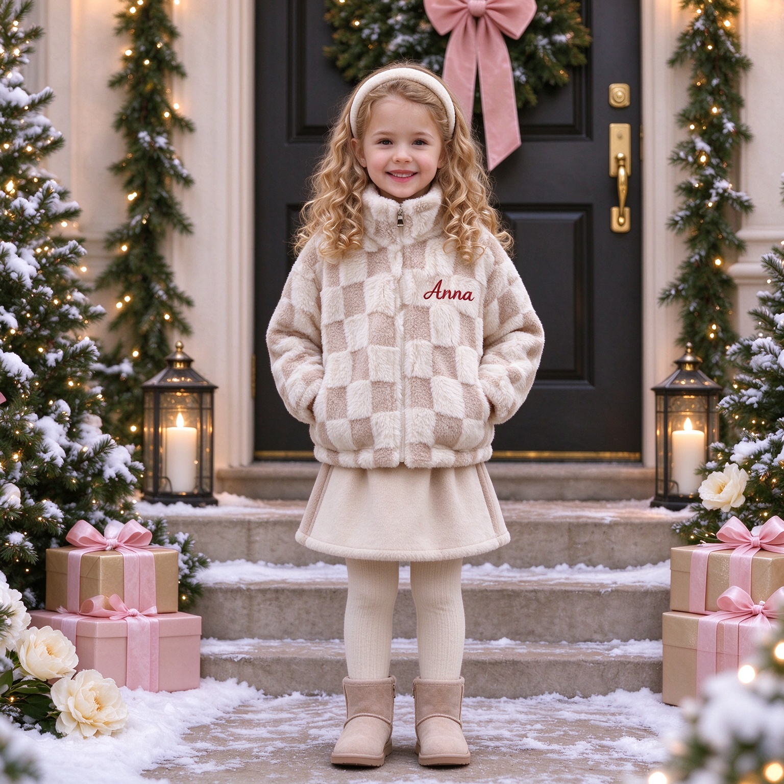 Personalized Embroidered Kids Sherpa Fleece Warm Check Winter Coat | Cloth295