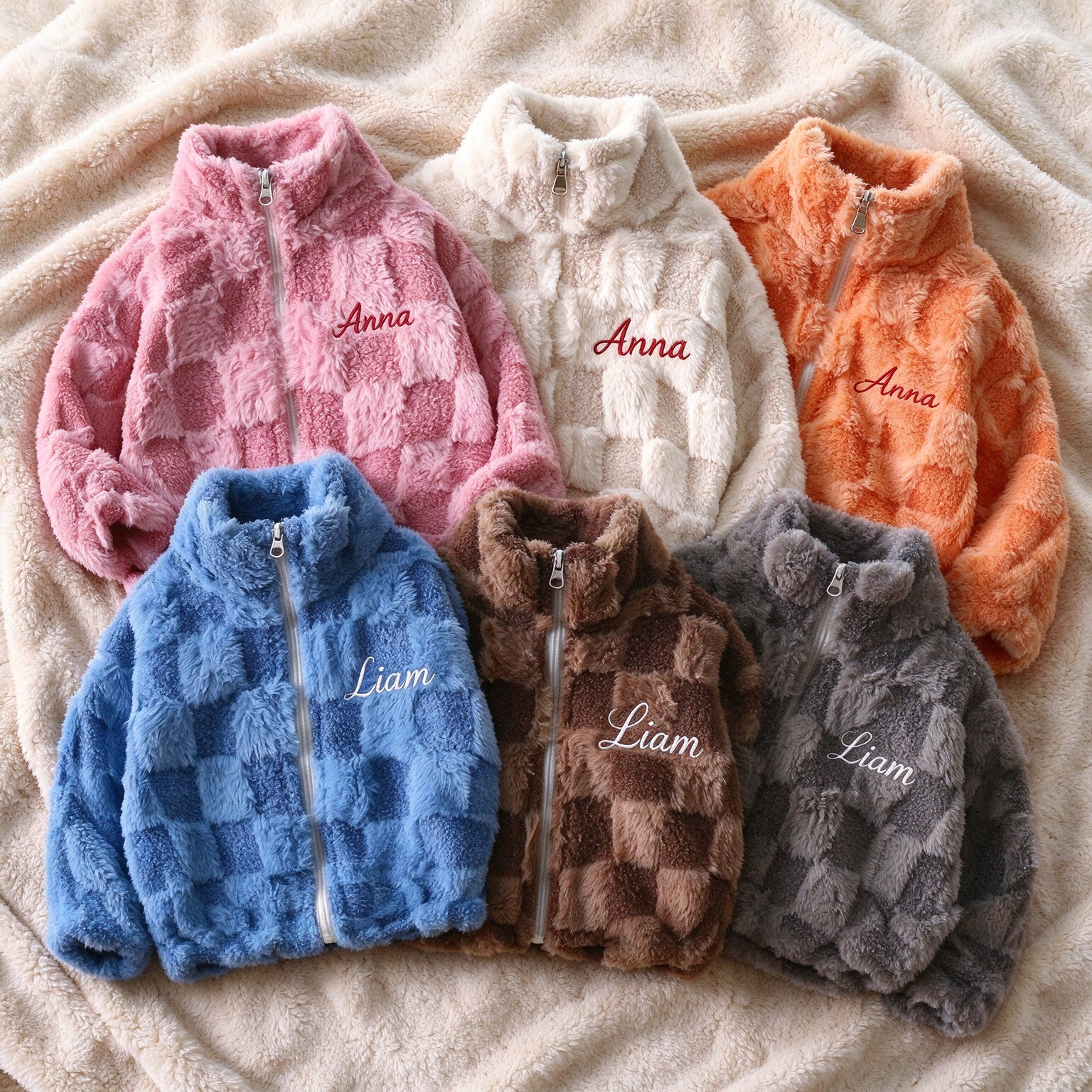Personalized Embroidered Kids Sherpa Fleece Warm Check Winter Coat | Cloth295