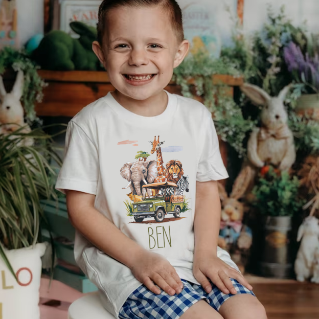 Personalized Kids African Safari Animals & Vehicle T-Shirt| Cloth1417