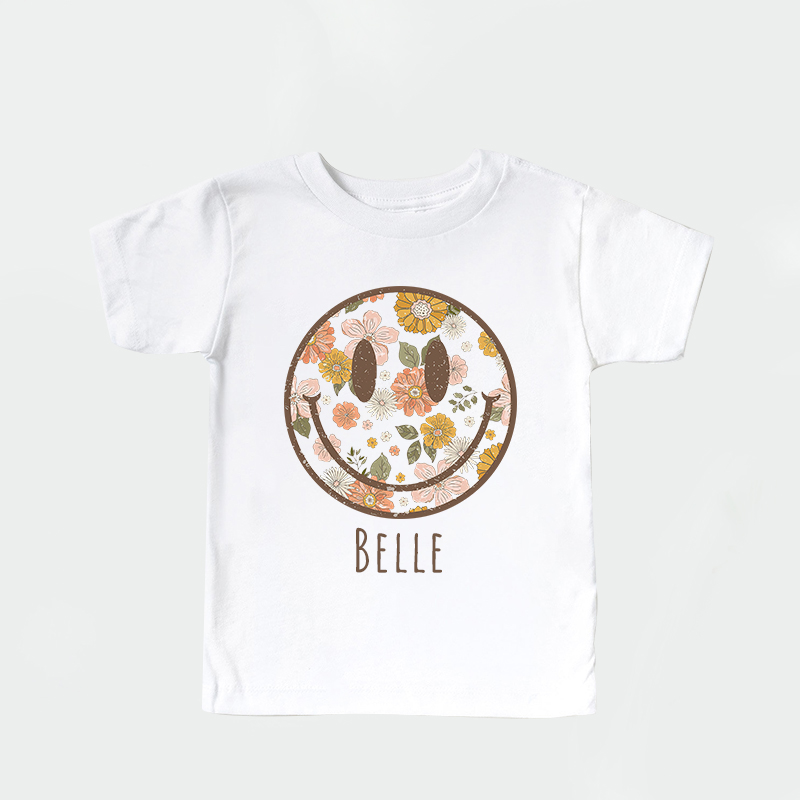 Personalized Girls Retro Floral Smiley Face T-Shirt| Cloth1423