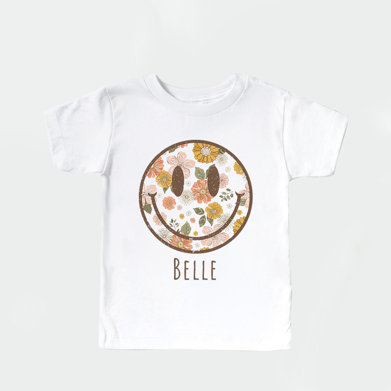 Personalized Girls Retro Floral Smiley Face T-Shirt| Cloth1423